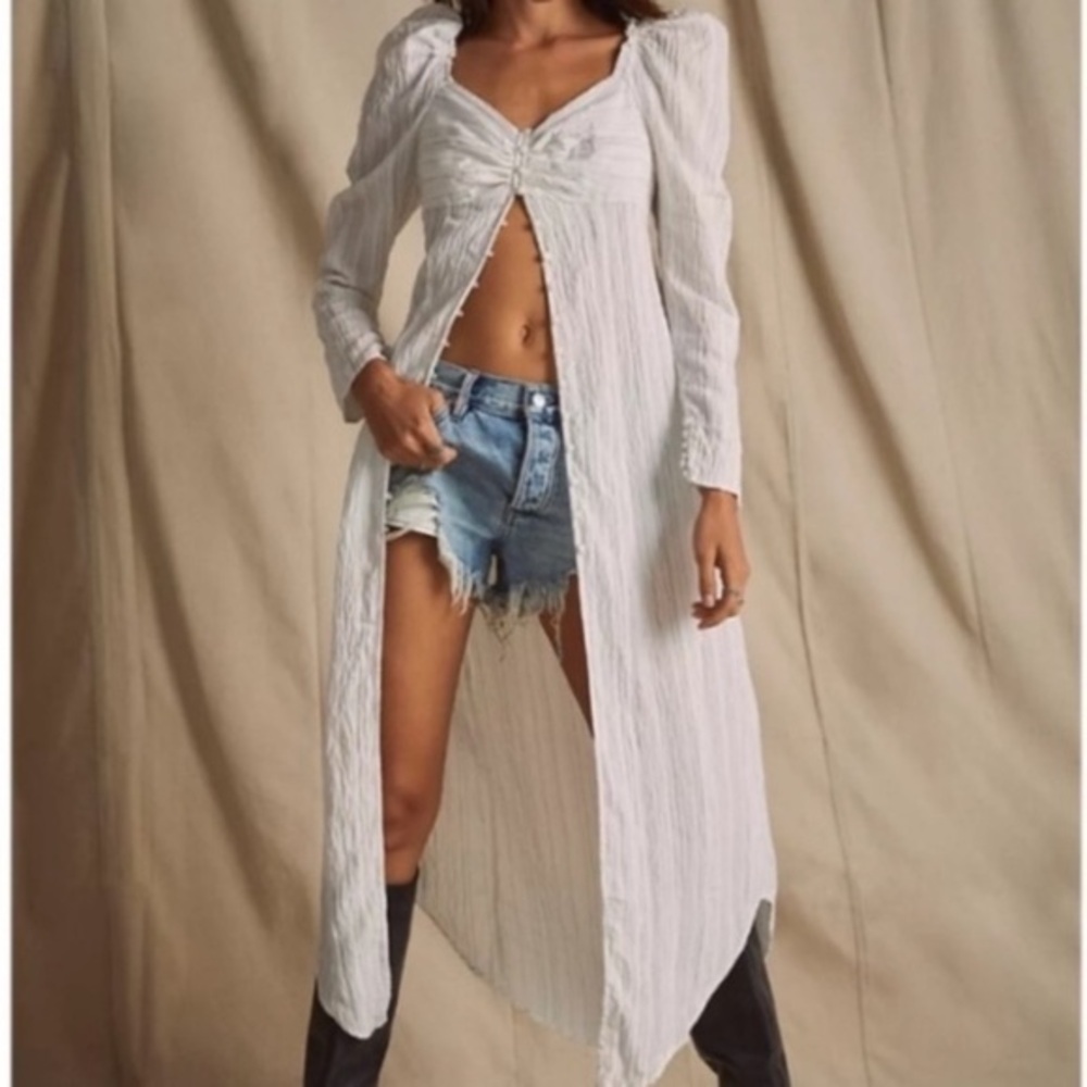 Free People White Long Button-Front Textured Blouse Dress